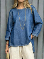 Women's Round Neck Long-sleeved Loose-fitting Simple Denim Top.