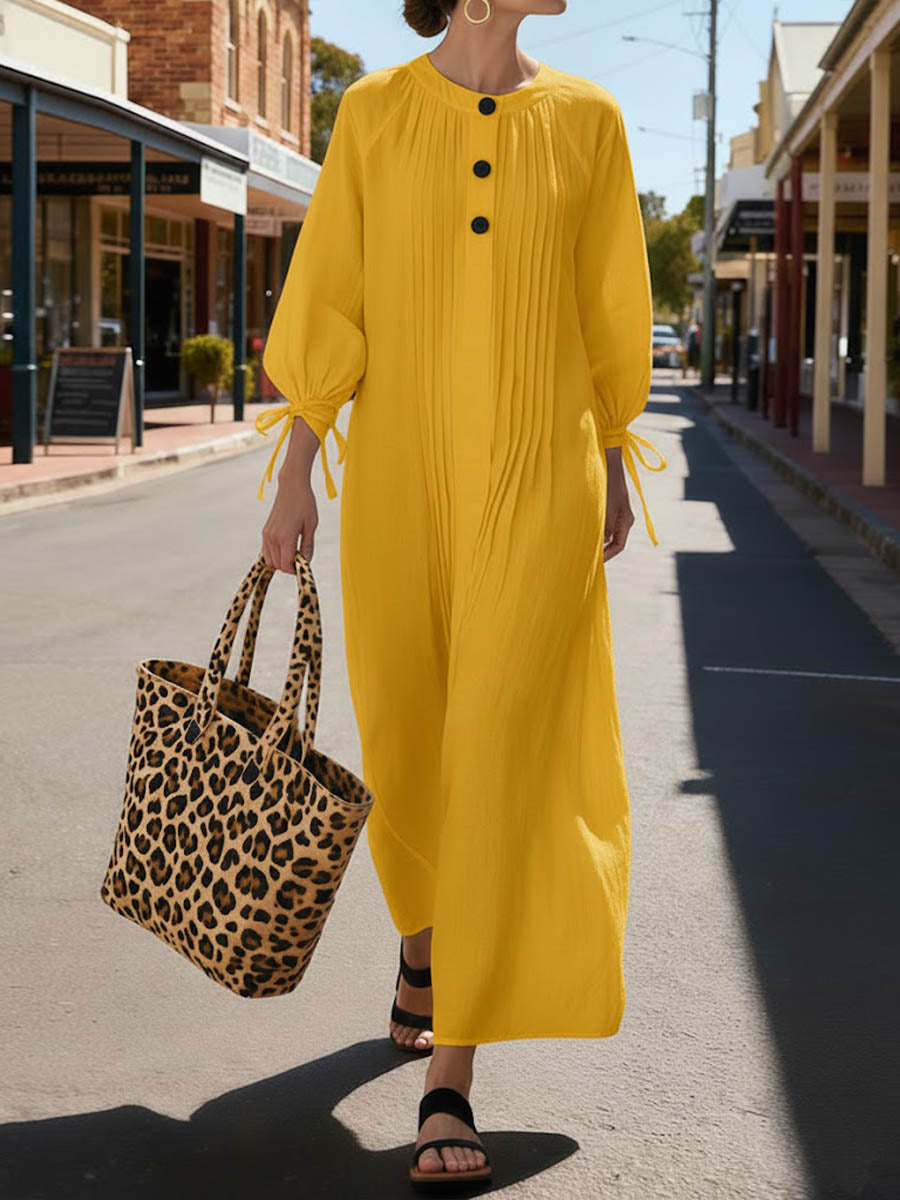 Women's Solid Color Round Neck Long-sleeved Casual Loose Pleated Cotton And Linen Dress