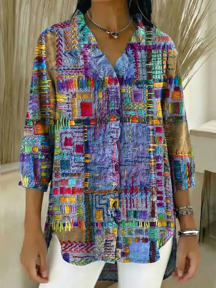 Women's Vintage Pattern Art Print Casual Ruffled Denim Shirt