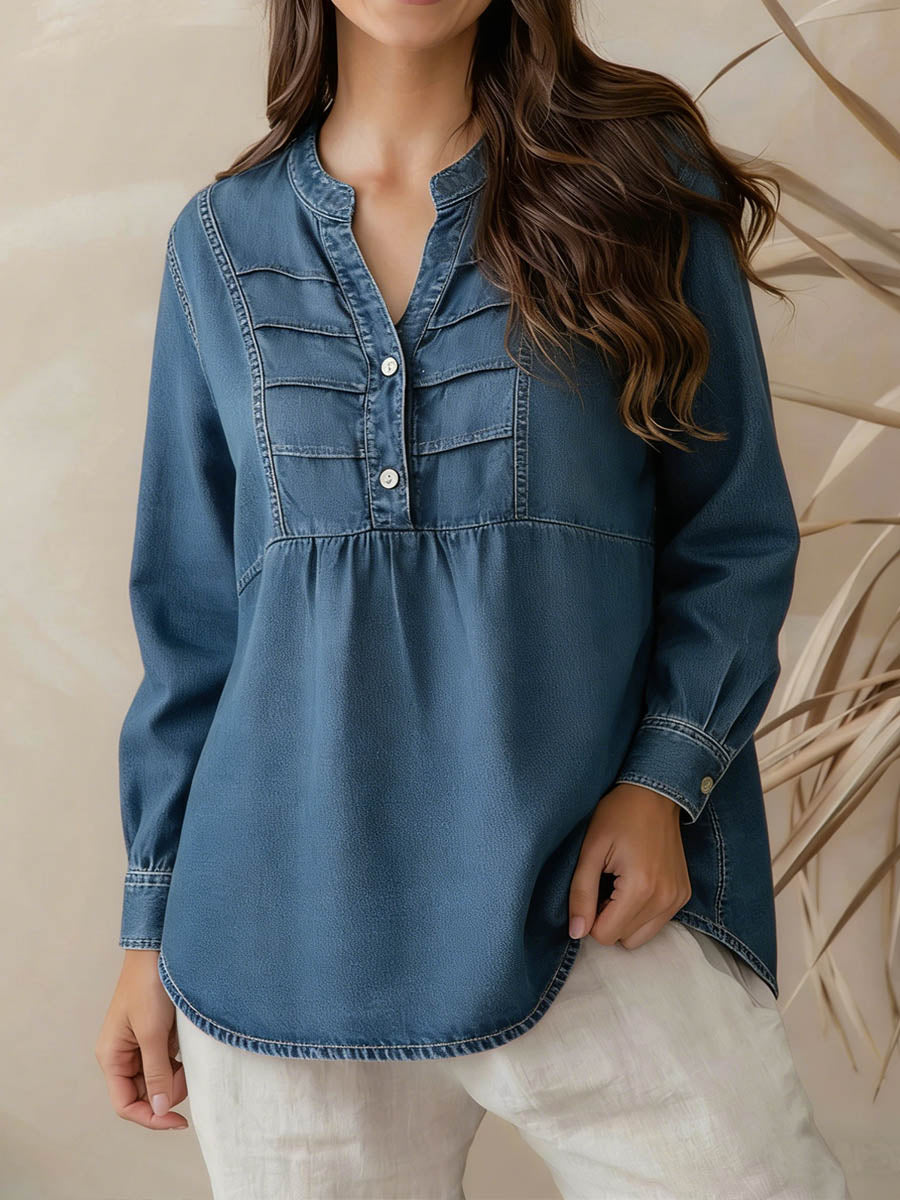 Women's V-neck Long-sleeved Casual Loose Simple Denim Top