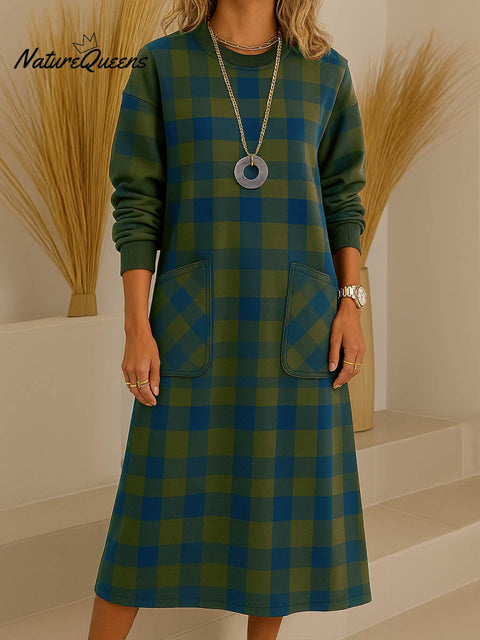 Women's Plaid Print Round Neck Long Sleeve Casual Loose A-Line Dress