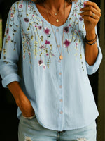 Vintage Bouquet Waterfall Cotton Linen Shirt Blouse