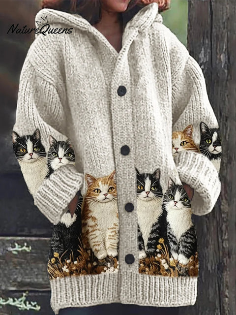 Women's Funny Cats Pattern Art Print Casual Fleece Coat