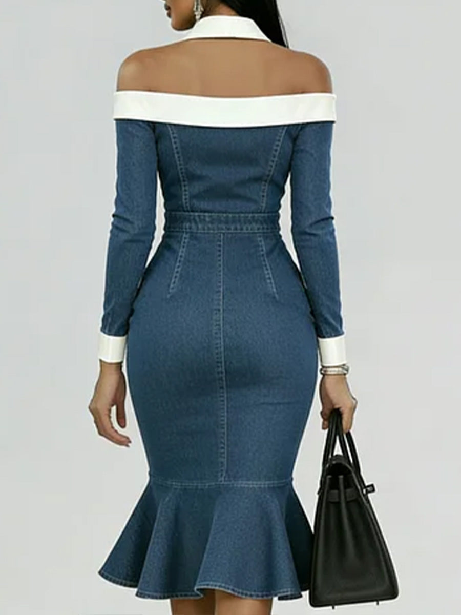 Women's Off-the-shoulder Long-sleeved Casual Loose Denim Slim-fit Dress