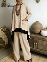 Women's Casual Asymmetrical Hem Cotton Top And Pants Two-piece Set