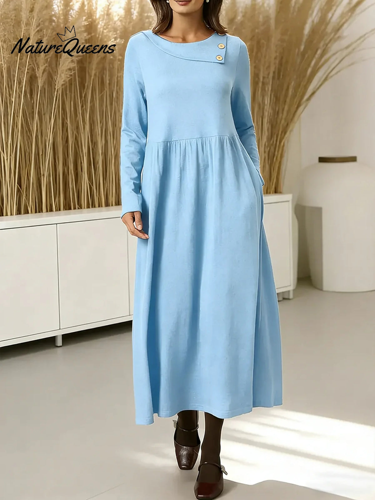 Women's Solid Color Round Neck Long Sleeve Casual Loose Cotton Dress