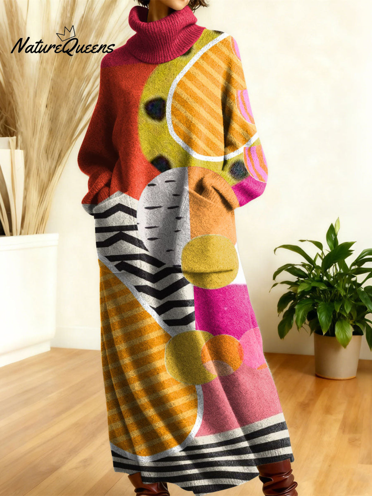 Women's Retro Abstract Geometric Colorful Splicing Patterns Art High-neck Long-sleeve Casual Loose Knit Dress