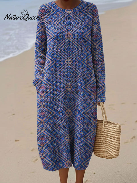 Women's Color Block Abstract Pattern Casual Round Collar Long Sleeve Dress