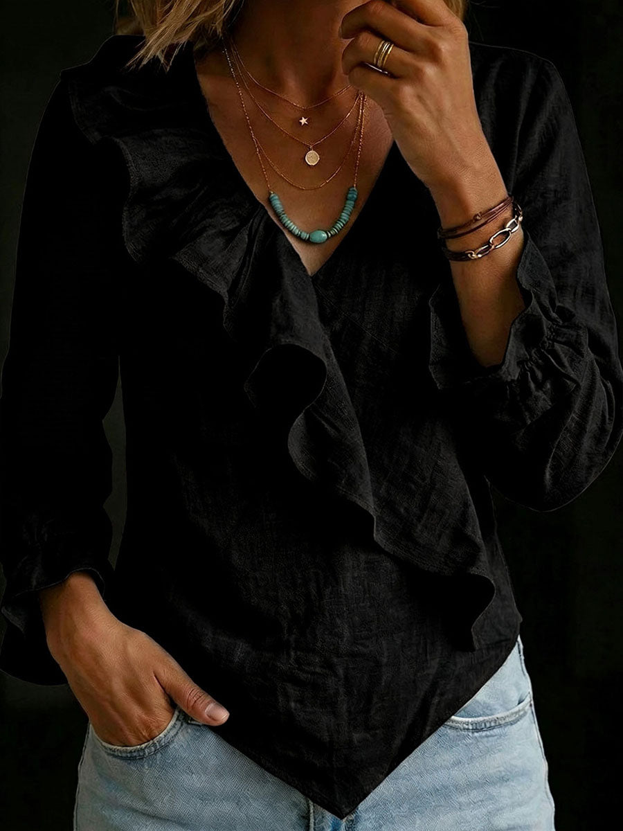Women's Cotton-linen Ruffled V-neck Blouse With Asymmetrical Hem And Flared Sleeves