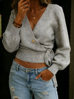 Women's Solid Color V-neck Tie-waist Long-sleeved Sweater