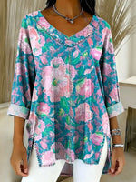 Women's Retro Gradient Flowers Floral Art Patterns Casual Washed Denim Cotton Top