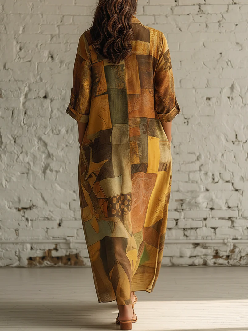 Cozy Vintage Art Print Loose-fitting Shirt Dress