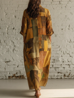 Cozy Vintage Art Print Loose-fitting Shirt Dress