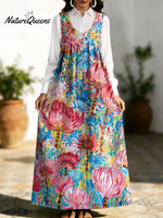 Women's Retro Splicing Colorful Flowers Floral Pattern Art Print Casual Cotton Denim Dress