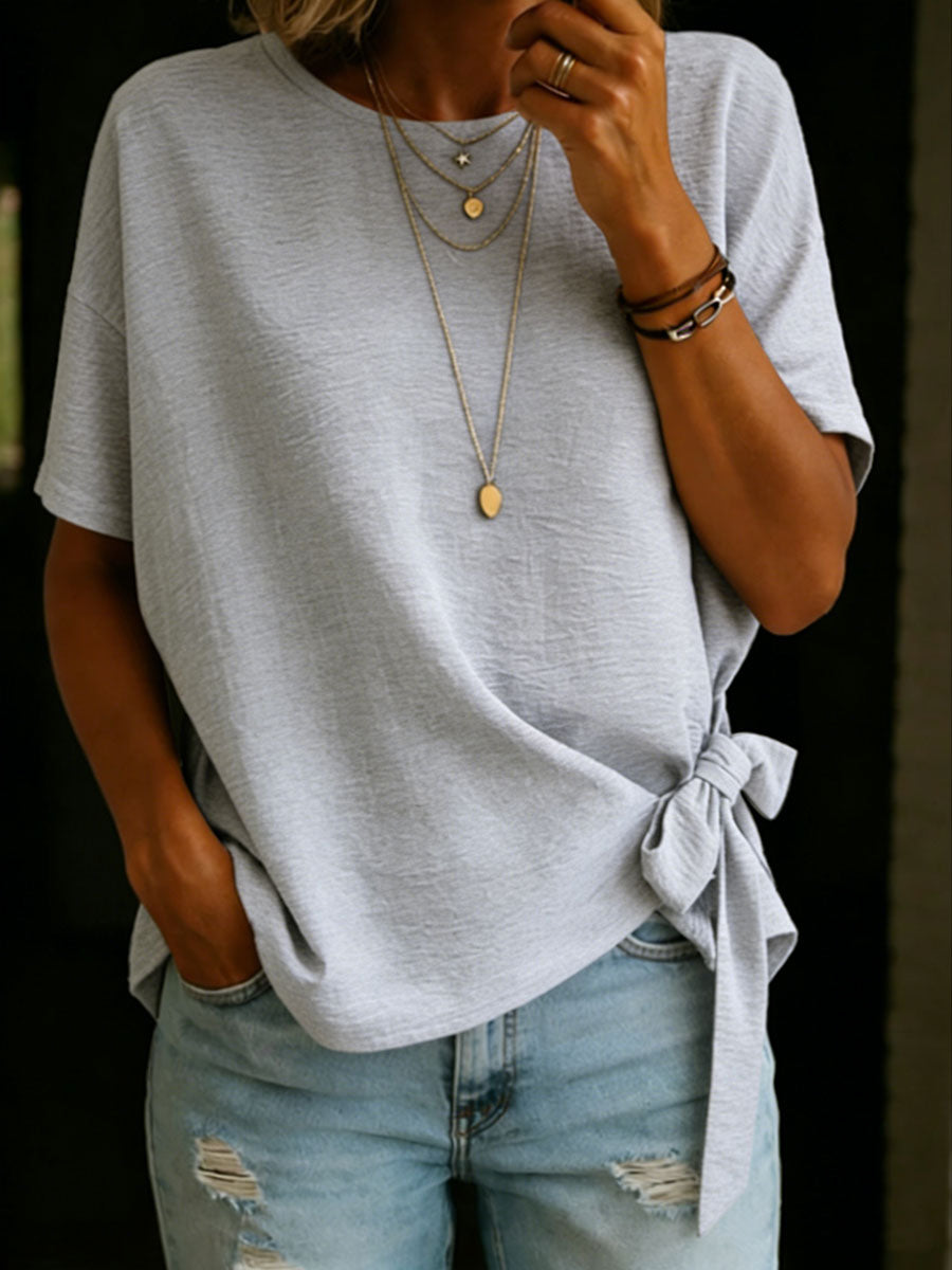 Women's Solid Color Round Neck Short-sleeved Tie-front Linen Cotton Shirt