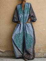 Women's Vintage Print V-neck 3/4-sleeve Cotton-linen Jumpsuit