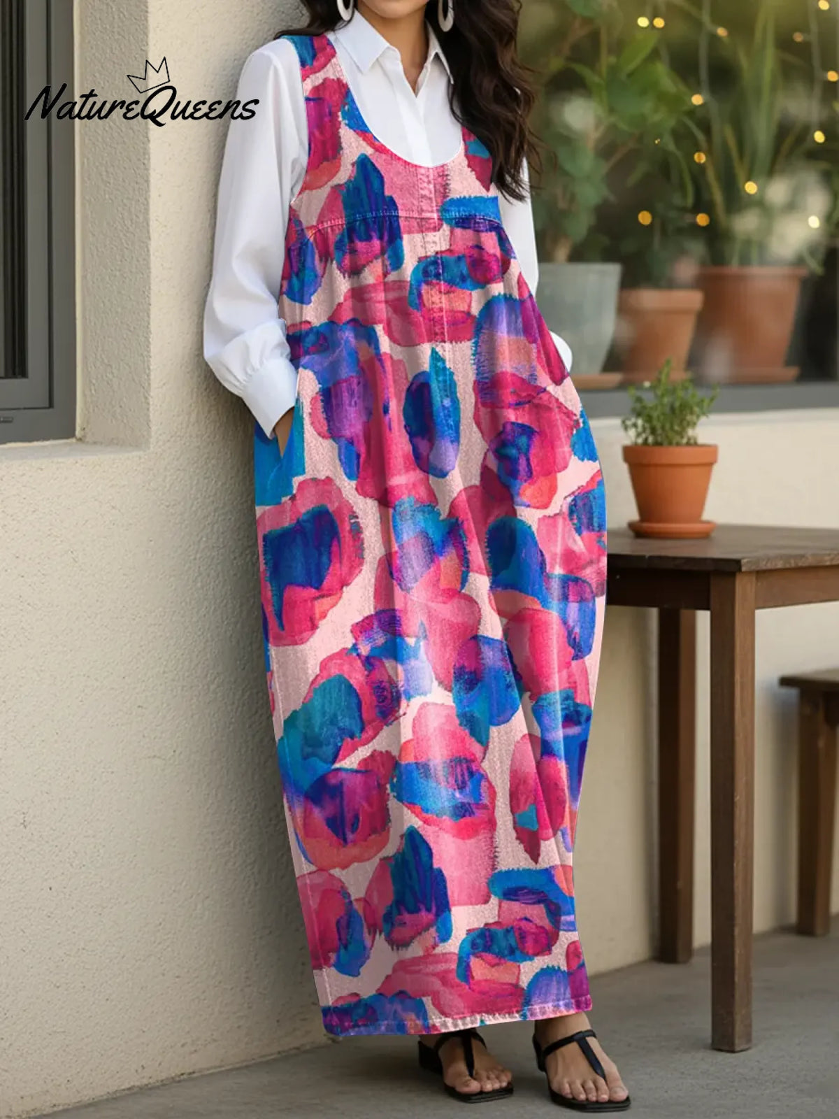 Women's Abstract Art Casual Loose Denim Vest Dress