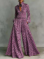 Women's Leopard Print Matching Set: Collared Long-sleeve Loose-fit Casual Top & High-waisted Loose Wide-leg Pants