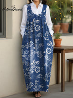 Women's Vintage Artistic Flowers Casual Loose Denim Vest Dress