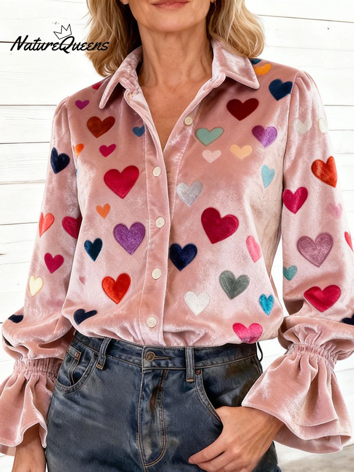 Women's Colorful Heart-print Casual Velvet Valentine's Day Shirt