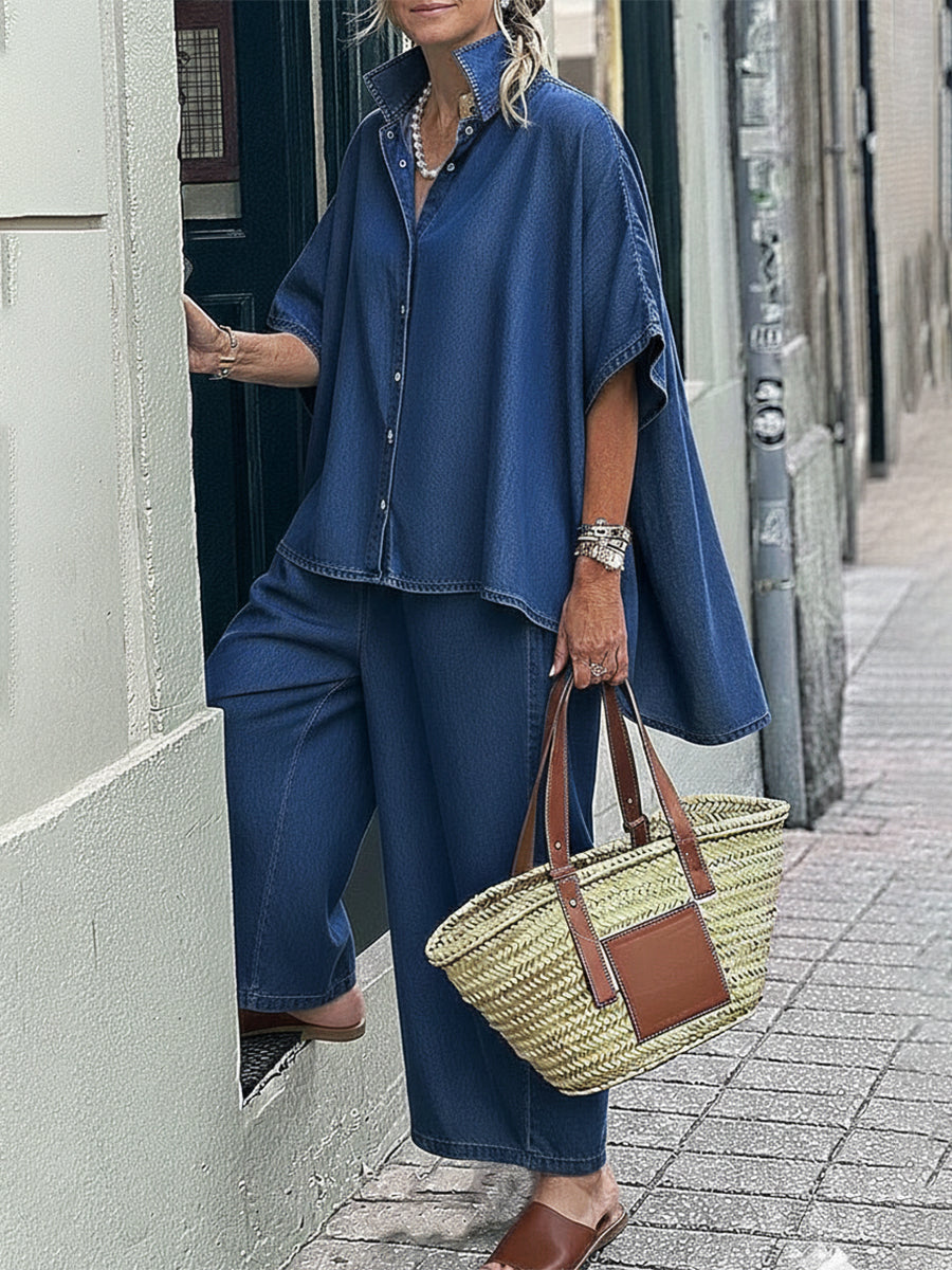 Casual Denim Irregular Hem Shirt And Wide-leg Pants Two-piece Set