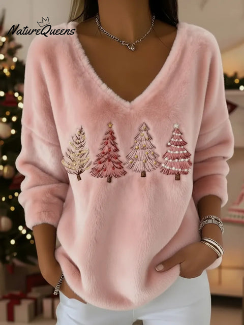 Christmas Tree Print V-neck Mink Fleece Pullover