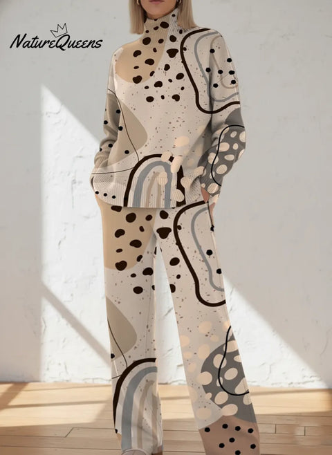 Women's Abstract Pattern Art Print Casual Knitted Cotton Top Pants Suit