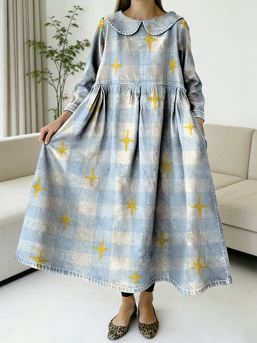 Women's Plaid And Star Decorative Patterns Casual Peter Pan Collar Denim Jeans Dress