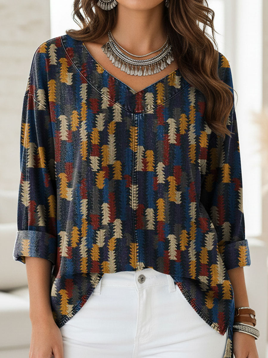 Women's Retro Stripes Print Casual Denim Shirt