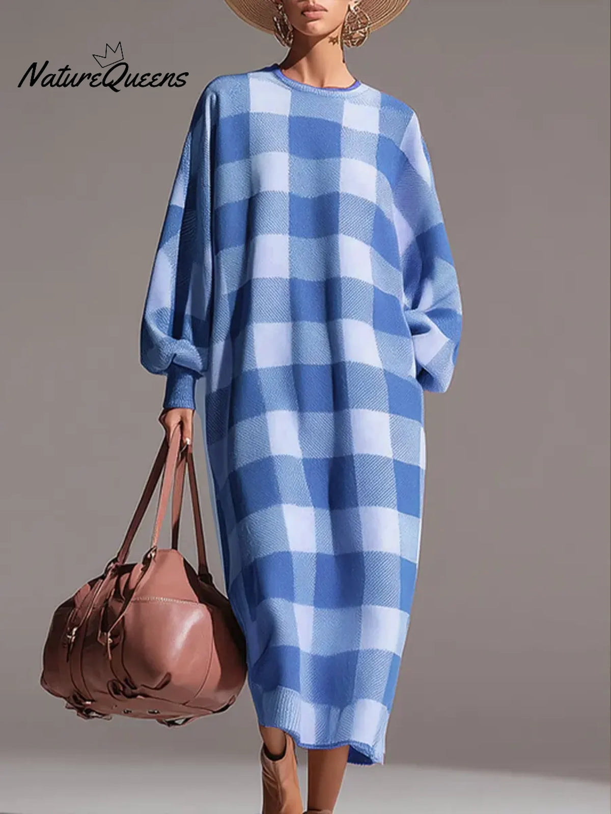 Women's Plaid Print Round Neck Long Sleeve Casual Loose Knit Dress