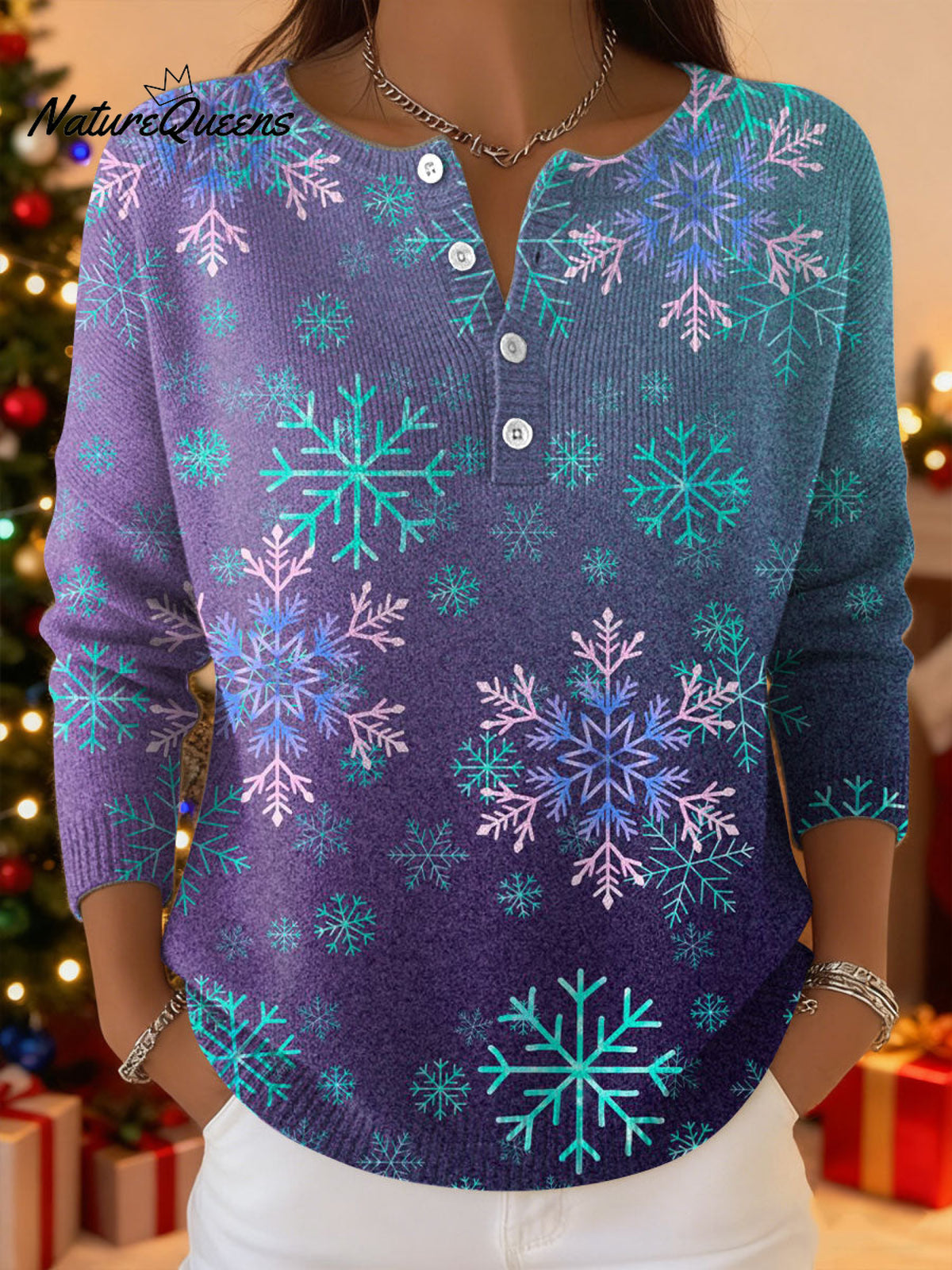 Women's Christmas Snowflake Pattern Art Print Buttoned Cardigan Sweater