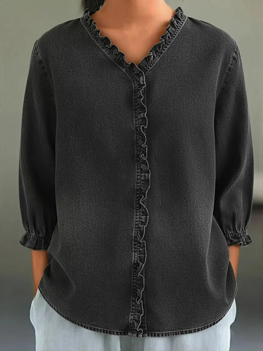Women's Ruffled V-neck Denim Cotton Shirt