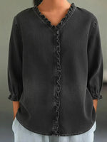 Women's Ruffled V-neck Denim Cotton Shirt