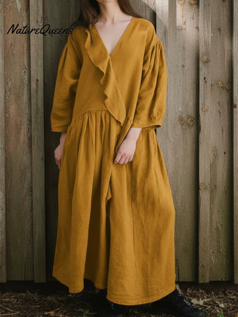 Flowy V-neck Ruffled Loose Linen Dress