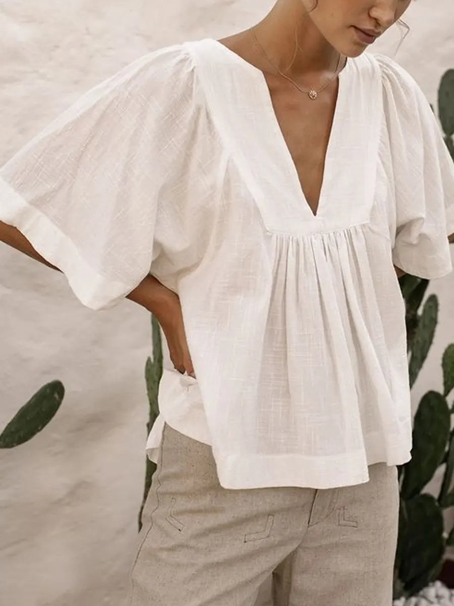 Women's Cotton And Linen V-neck Doll Blouse