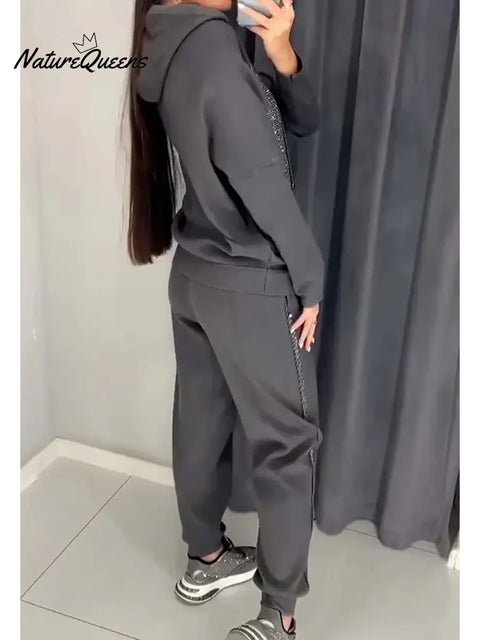 Women's Casual Shiny Cotton Hooded Sweatshirt And Pants Two-piece Set