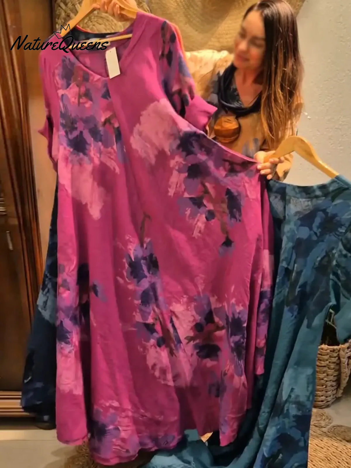 Women's Vintage Abstract Print V-neck Long-sleeved Casual Loose Cotton Dress