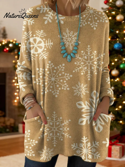 Women's Christmas Snowflake Pattern Art Print Casual Cotton Knitted Sweater