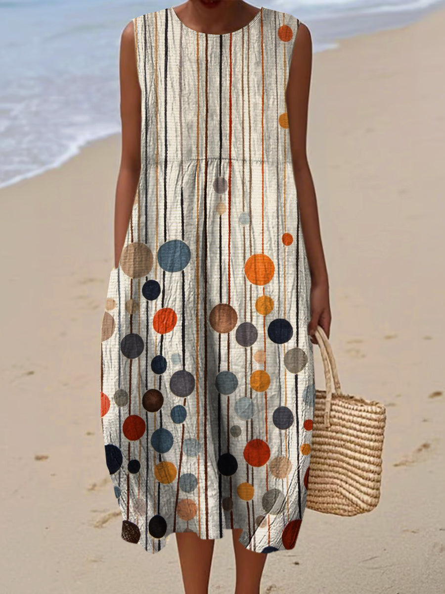 Women's Vintage Polka Dots Art Print Sleeveless Cotton Pocket Wrap Dress