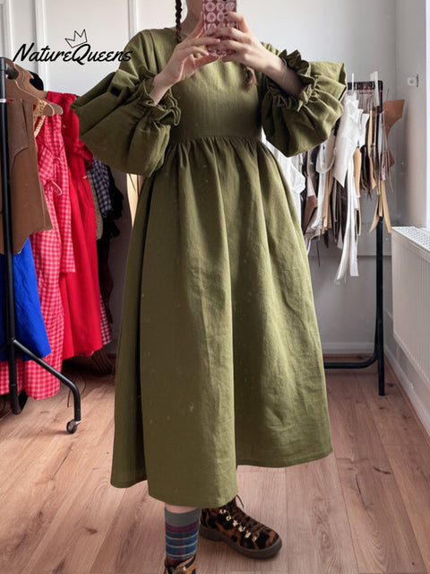 Women's Cotton And Linen Solid Color Loose Casual Lantern Sleeve Dress