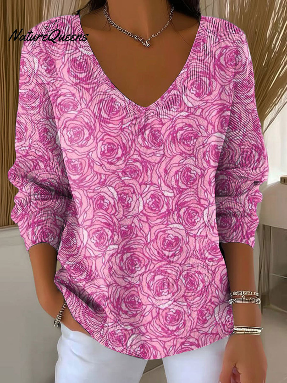 Women's Flowers Floral Patterns Art Print V-neck Solid Color Loose Shiny Sweater