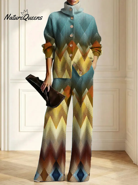 Women's Geometric Pattern Art Print Casual Cotton Knitted Suits