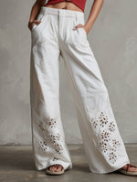 Women's Solid-color High-waisted Casual Loose-fit Wide-leg Pants With Cutout Embroidery