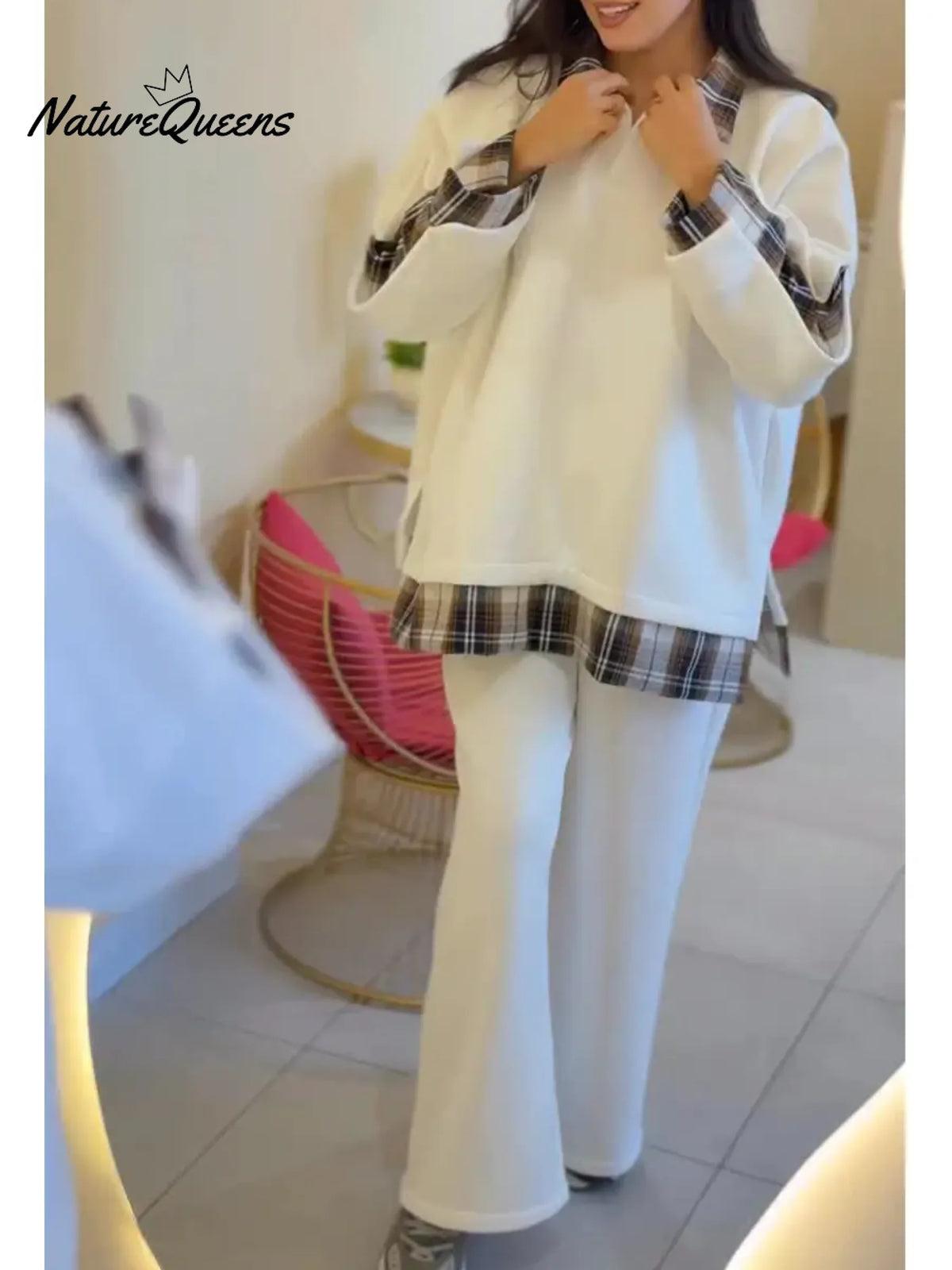 Women's Plaid Patchwork Cotton Sweatshirt And Pants Two-piece Set