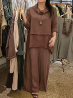 Casual Linen And Cotton Top And Pants Two-piece Set
