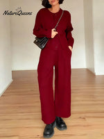 Women's Solid Color Round Neck Long Sleeve Casual Loose Cardigan High Waist Casual Wide Leg Pants Set