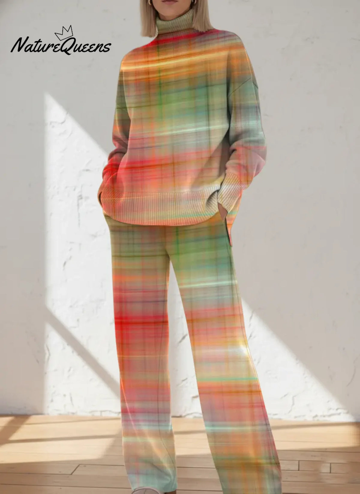 Women's Gradient Pattern Art Print Casual Knitted Cotton Top Pants Suit