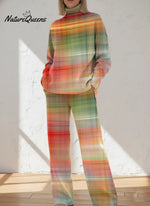 Women's Gradient Pattern Art Print Casual Knitted Cotton Top Pants Suit