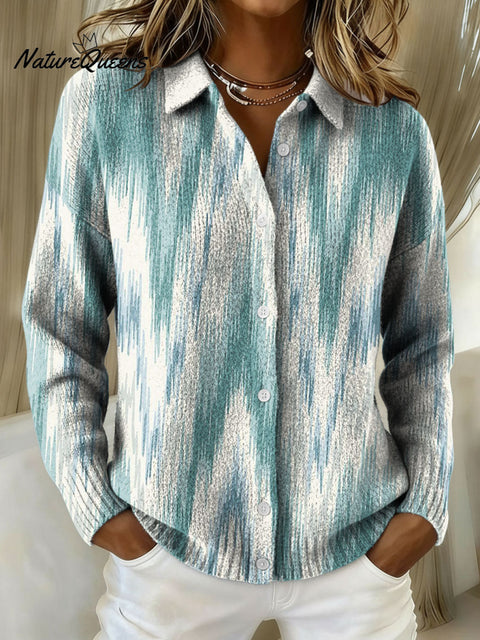 Gradient Color Pattern Casual Shirt Collar Long Sleeve Sweater