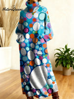 Women's Retro Abstract Geometric Colorful Splicing Patterns Art High-neck Long-sleeve Casual Loose Knit Dress